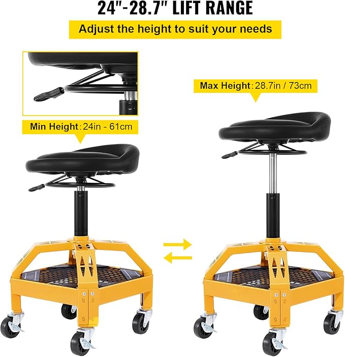 VEVOR Rolling Garage Stool, 300LBS Capacity, Adjustable Height from 24 in to 28.7 in, Mechanic Seat with 360-degree Swivel Wheels and Tool Tray, for Workshop, Auto Repair Shop, Yellow