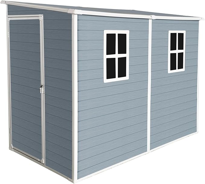 4x8 FT Outdoor Storage Resin Shed with Floor,Waterproof Plastic Garden Bike Shed with Lockable Door, Sloped Roof, Vents & Windows, Easy Assembly Tool Shed for Lawn, Backyard, Patio, Grey