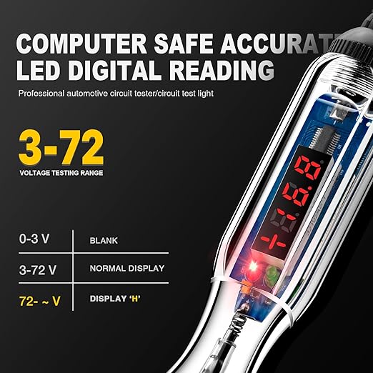 Upgraded 3-72V LED Digital Automotive Circuit Tester, DC Voltage Test Light with Voltmeter & Polarity Indicator Light, Vehicle Circuits Low Voltage Light Tester Pen with Sharp Stainless Probe