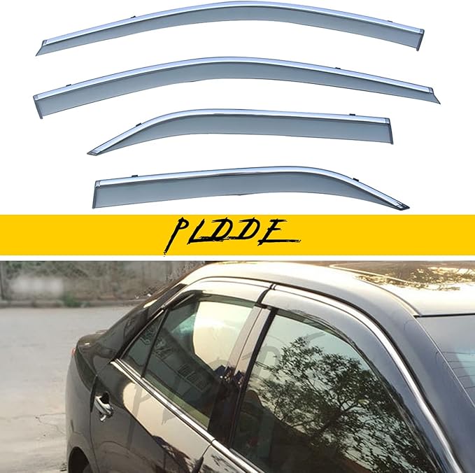 4pcs Smoke Tint With Chrome Trim Outside Mount Tape On/Clip On Style PVC Sun Rain Guard Window Visors Compatible with 2012-2014 Toyota Camry