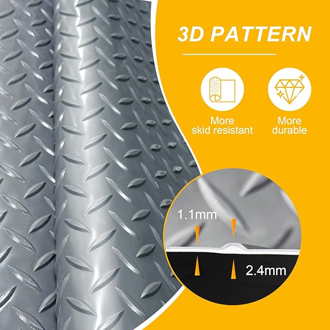 7.5x18 FT Garage Floor Mat, Flooring Roll with 20Pcs Tapes, 135 sqft Diamond Plate PVC Rubber Trailer Mat, Non-Slip Floor Mat for Garage, Warehouse, Gyms, Trailer, Pickup Truck (Grey)