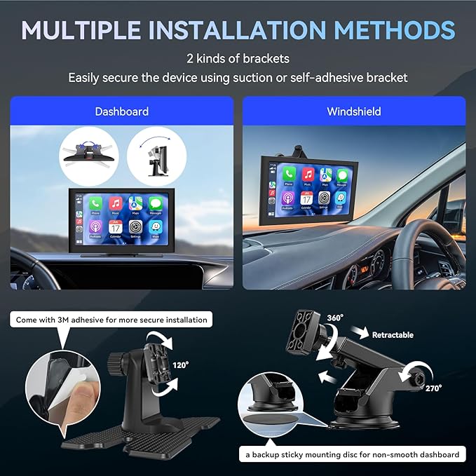 7” Wireless Carplay &Android Auto IPS Touch Screen, Portable Car Stereo with 4K Front Dash Cam + 1080p Backup Camera, Bluetooth/GPS Navigation/Mirror Link/Voice Control/Loop Recording with 64GB TFCard