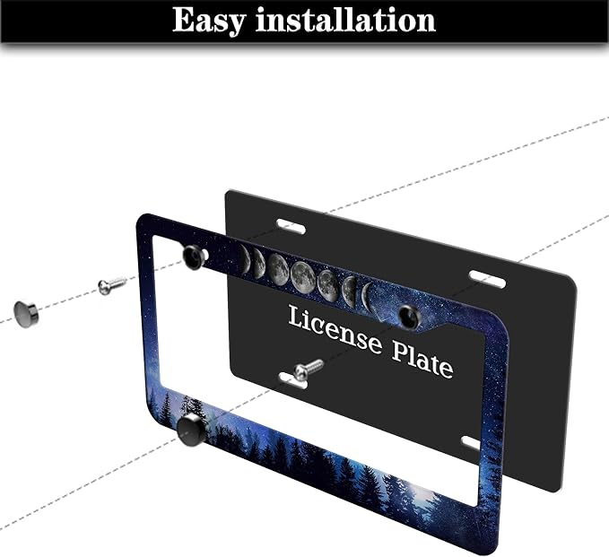 License Plate Frame Multicolor License Plate Cover Forest Starry Night Moon Phase Universal Aluminum Car Accessory 2 Pack with Screw Covers Set