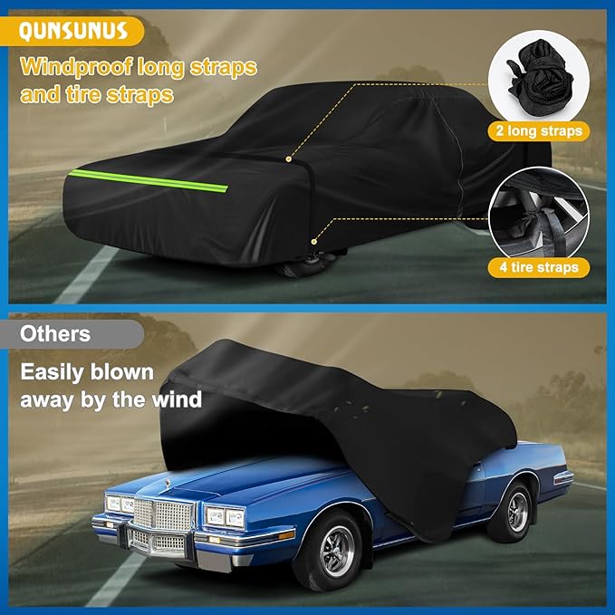 QUNSUNUS Waterproof Car Cover for Pontiac Grand Prix 1978-1996, Outdoor Car Covers with Zipper, All Weather Cover with Straps and Elastic Edges for Wind, Sun, UV and Dust Protection