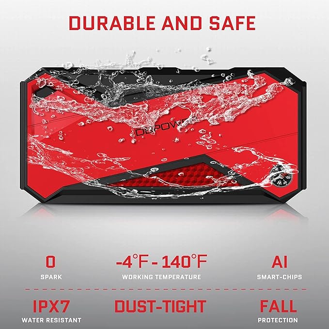 DBPOWER Peak 1600A 18000mAh Portable Car Jump Starter(up to 7.2 Gas, 5.5L Diesel Engines) Battery Booster with Smart Charging Port, LCD Display, Intelligent Jumper Clamps, Compass and LED Light