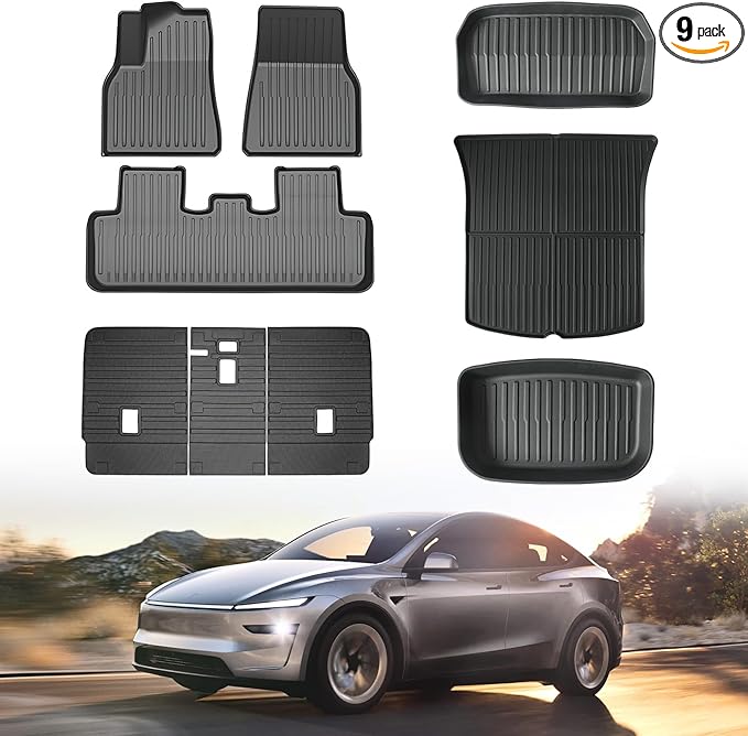 Floor Mat for New Model Y Juniper 2025 2026 9PCS Floor Mats with Second Row Seat Back Mats for Tesla Model Y All Weather TPE Model Y Floor Mats Accessories-(Only for Model Y Juniper)