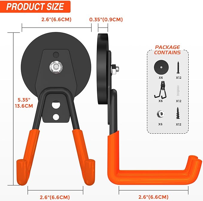 6Pcs Heavy Duty Storage Magnetic Utility Hooks Large Garage Strong Extra Magnet Hooks Hanger with Anti-Slip Coating Heavy Duty Magnetic Hooks for Hanging Power Dril Garage Garden Tools Orange
