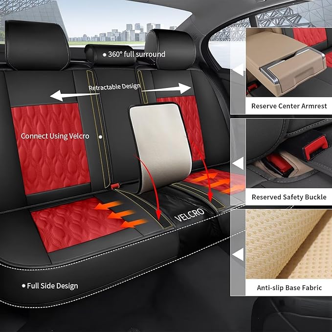 Car Covers Fit for Toyota Camry 2012-2025: Full Set 5 Seats Faux Leather Automotive Waterproof Vehicle Cushion Protector (Black&Red)