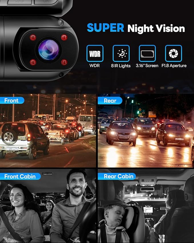 SPRLEAF 4 Channel Dash Cam with Front Cabin Rear Cabin Cameras, 360 Degree View Dash Camera for Cars, Built-in GPS, 5GHz WiFi, IR Night Vision, 24H Parking Monitor, G-Sensor, Free 128GB Card, 1080P*4
