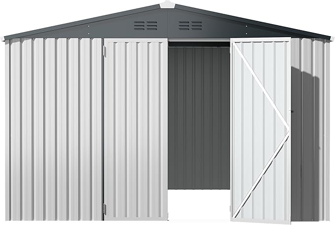 U-MAX 10' x 10' Shed Outdoor Storage Shed Clearance, Large Metal Garden Shed Yard Steel Shed with Design of Lockable Doors, Tool and Utility Storage for Backyard, Garden, Patio, Outside use White