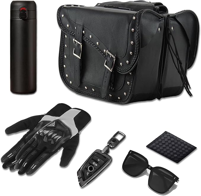 Synthetic Leather Motorcycle Luggage Bag - Waterproof Throw Over Saddlebags For Motorcycles - Softails, Sportsters, Choppers, Dyna, V-star, Shadow (With Studs, Black, 13'x13'x10')