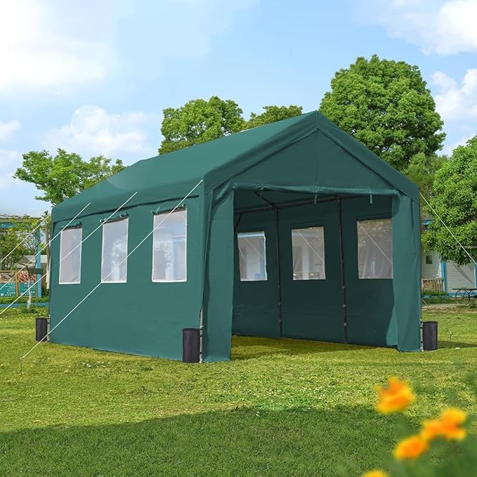 ADVANCE OUTDOOR 10x20 ft Adjustable Height Carport with Removable Window Sidewalls and Doors, Heavy Duty Car Canopy Garage Party Tent Boat Shelter with Reinforced Poles, Green