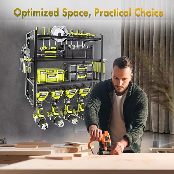 Wall Mount Power Tool Organizer, 4 Layer 4 Drill Hangers Storage Rack, Tool Organizers and Storage for Garage, Workshop, Pegboard, Shed - 16 inch