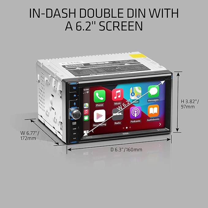 Sound Storm Laboratories DDCP62 Car Stereo - Apple CarPlay, Double Din, 6.2 Inch Capacitive Touchscreen, Bluetooth, No DVD CD Player, AM/FM Radio Receiver, Wireless Remote Control
