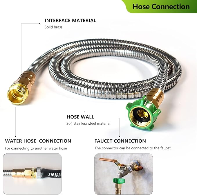 Metal Short Garden Hose 2 ft, Flexible Stainless Steel Garden Hose 2 ft Lightweight Water Hose with Brass Fittings (2 Feet)