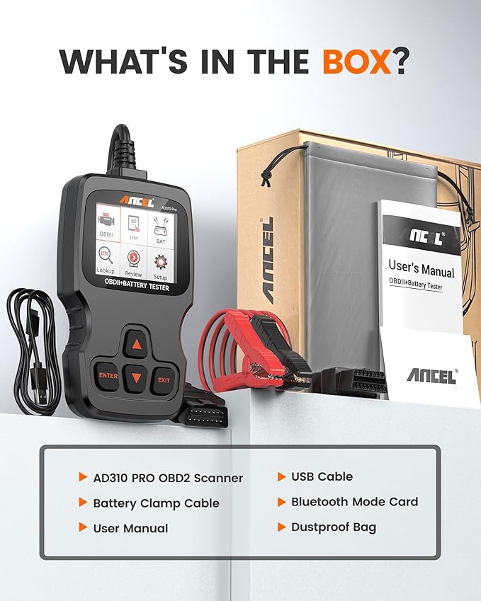 ANCEL AD310 Pro OBD2 Scanner Diagnostic Tool & Car Battery Tester & Bluetooth OBD2 Reader, Check Engine Code Reader for Car with Lights Reset Live Data, 12V 24V Battery Charging/Cranking System Test