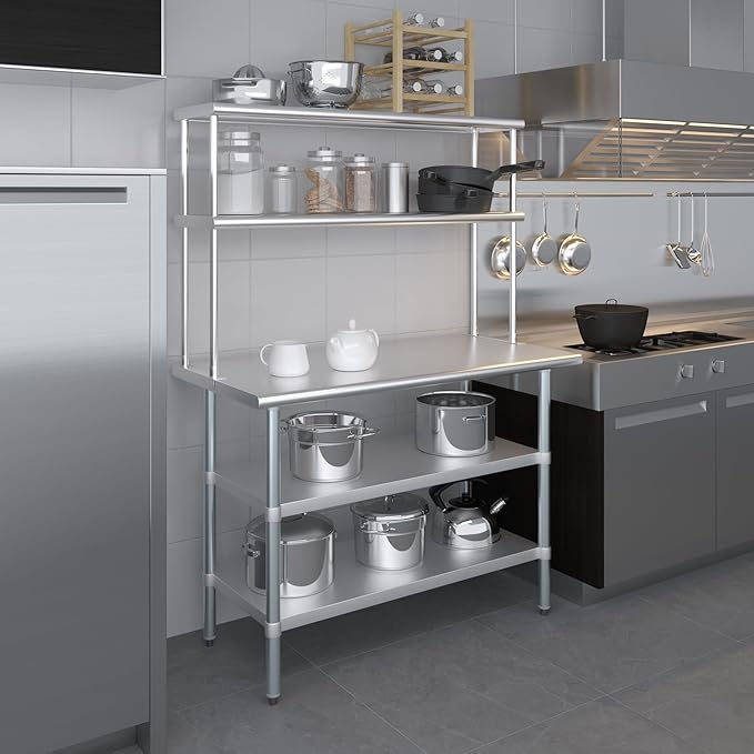 Amgood Stainless Steel Work Table with 2 Shelves | Metal Kitchen Prep Table & Shelving Combo (24" x 48" Table with 2 Shelves + 12" Overshelf)