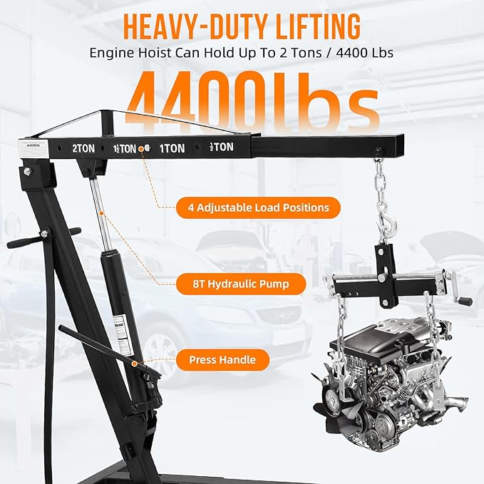 2 Ton Folding Engine Hoist with Lever, Cherry Picker Shop Crane Hoist Lift, 4400 Lbs Heavy Duty Steel Hydraulic Shop Engine Crane for Workshop and Garage, Black