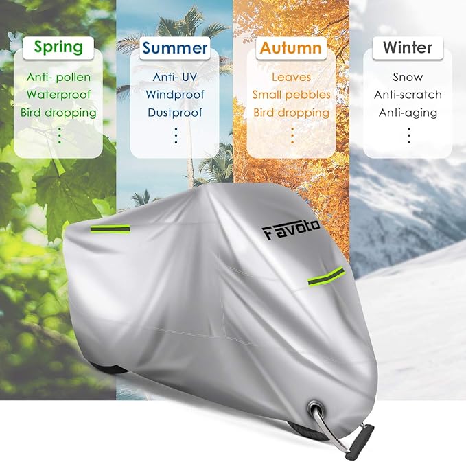 Favoto Motorcycle Cover Waterproof Outdoor - Cool Silver Color UV Protection with Reflective Strip Windproof Buckle Lock-Hole Storage Bag Fit 104 inch Vehicle Motorbikes