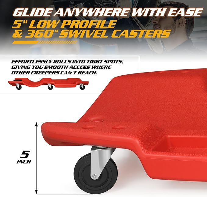 Magshion Rolling Garage Creeper with Padded Headrest, Shop Creeper 46.5" Mechanic Cart with Double Tool Tray and 6 Casters, Lightweight Floor Creeper Automotive Creeper - 440 lbs Capacity (Red)