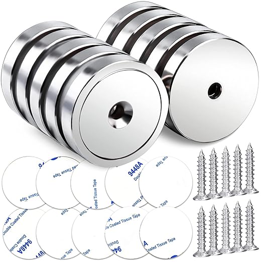 LOVIMAG Neodymium Cup Magnets,110LBS Holding Force Strong Rare Earth Magnets with Heavy Duty Countersunk Hole and Double Sided Adhensive&Stainless Screws for Refrigerator Magnet,Office Etc,Pack of 10