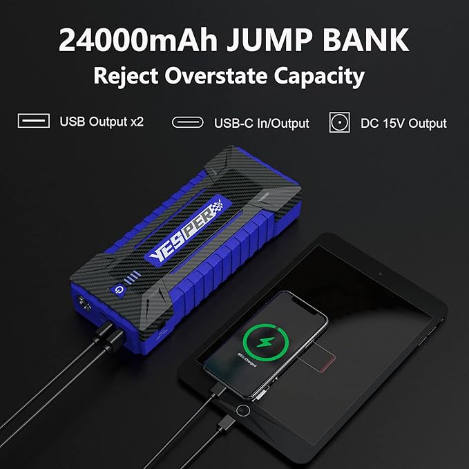 YESPER Jump Starter Portable, 4120A Peak Car Jumper Starter Jump Box(for All 12V Gas10.0L Diesel Engine), Booster Pack Jump Starter with DSLI Safe Tech& DC 15V Ports