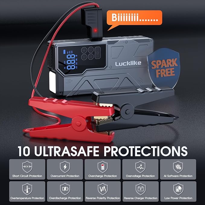 【New】 Lucklike Jump Starter with Air Compressor, 4000A Portable Car Battery Jumper Starter Pack for 10L Gas and 8L Diesel, Tire Inflator with Presssure Detection, 12V Jump Box with 3 Modes Flashlight
