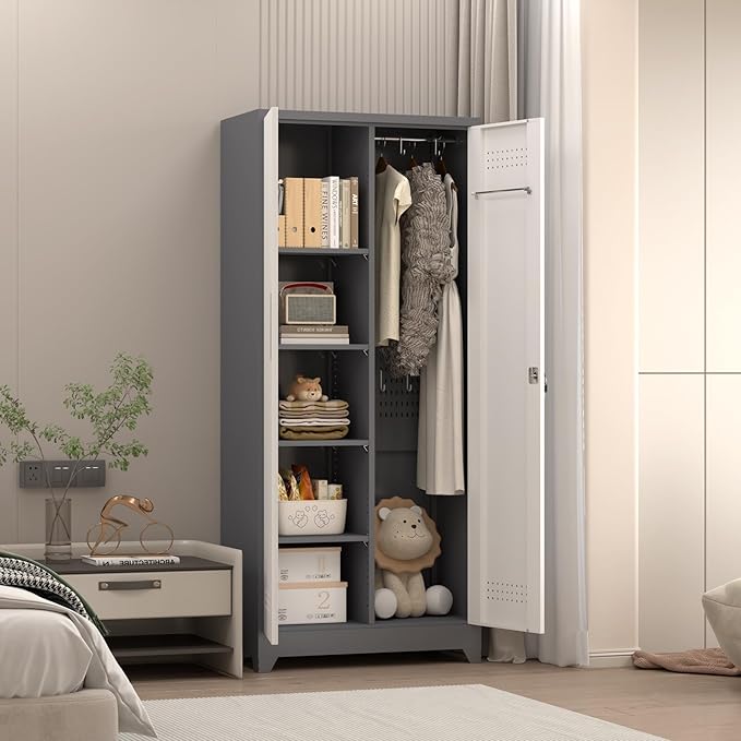 GREATMEET 65" Garage Storage Cabinet, Broom Closet Storage Cabinet, Metal Cabinets with Doors and Shelves, Utility Closet for Brooms and Mops, Utility Cabinets for Storage, Grey&White