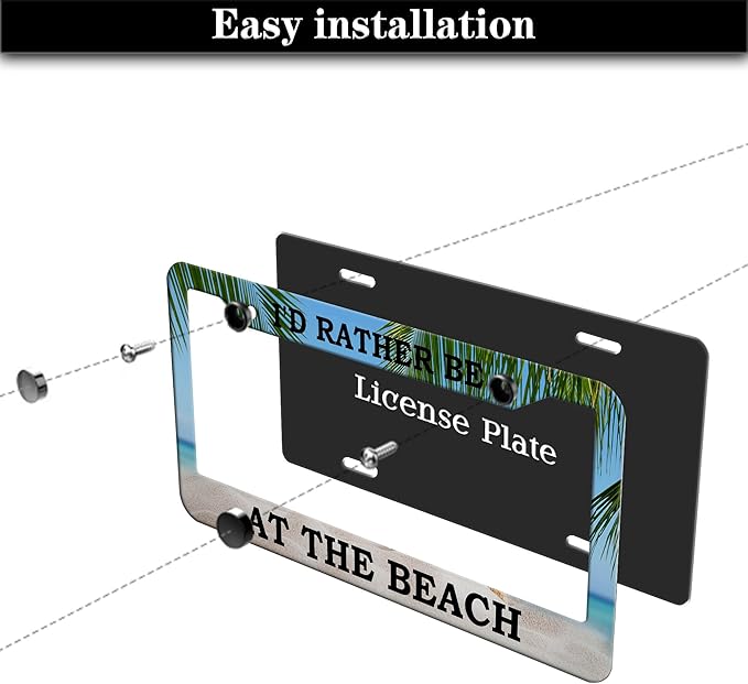 License Plate Frames Multicolor Car License Plate Frame I'd Rather Be at The Beach Universal Aluminum Car Accessory 2 Pack with Screw Covers Set