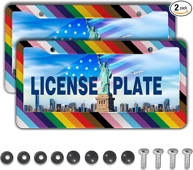 License Plate Frames Rainbow Front License Plate Bracket Rainbow Pride Flag Universal Aluminum Car Accessory 2 Pack with Screw Covers Set