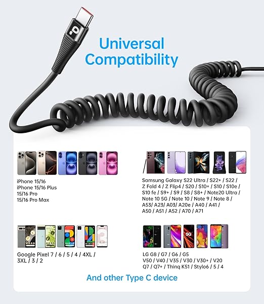 Coiled USB C to C Cable for Car 5FT, USB Type C Charger Cable 100W Short USBC Fast Charging Cable for iPhone 16/15/Pro/Plus/Pro Max/Samsung Galaxy S23, Compatible All Type C Devices-Black 2Pack