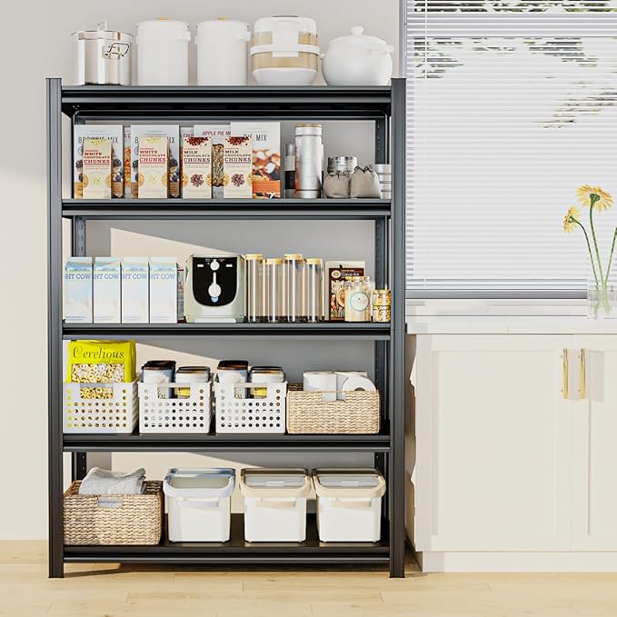 5 Tier Metal Shelving Unit, 72" H x 48" W Adjustable Storage Shelves, Heavy Duty Garage Shelves for Warehouse, Basement, Kitchen, Pantry, Living Room, 2500LBS, Black, 18" D