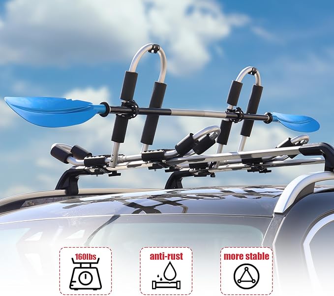 FORWODE Kayak Roof Rack, 2 in 1 Aluminum 2 Pair J-Bar Roof Rack, Folding Adjustable Rack, Weight 160 LBS Heavy Duty Kayak Roof Carrier 2 Kayak, Canoe, SUV, Surfboard on SUV, Car and Truck Crossbar