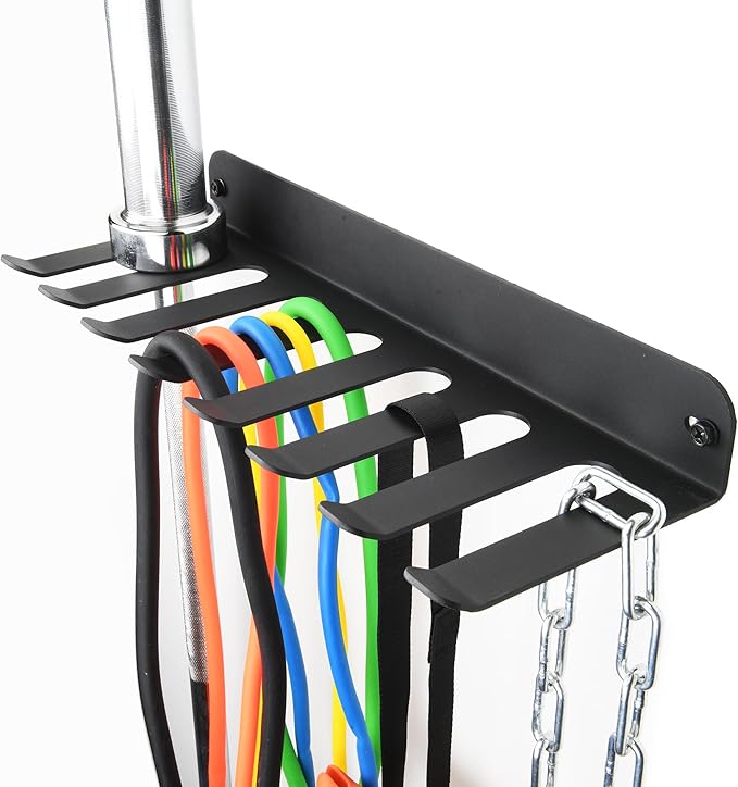 Performance Seven Bars Holder Storage,Custom Powder Coated HEAVY-DUTY STEEL Mount Wall Rack Storage Rack,Weight Room Organizer with 8 Wall Hooks for Exercise Bands Jump Ropes Chains Lifting Belts