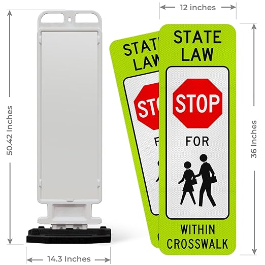 State Law Stop for Pedestrian in Crosswalk MUTCD R1-6a Sign, Double Sided 3M Engineer Grade Reflective, Portable Rubber Base, Impact Resistant Plastic Frame