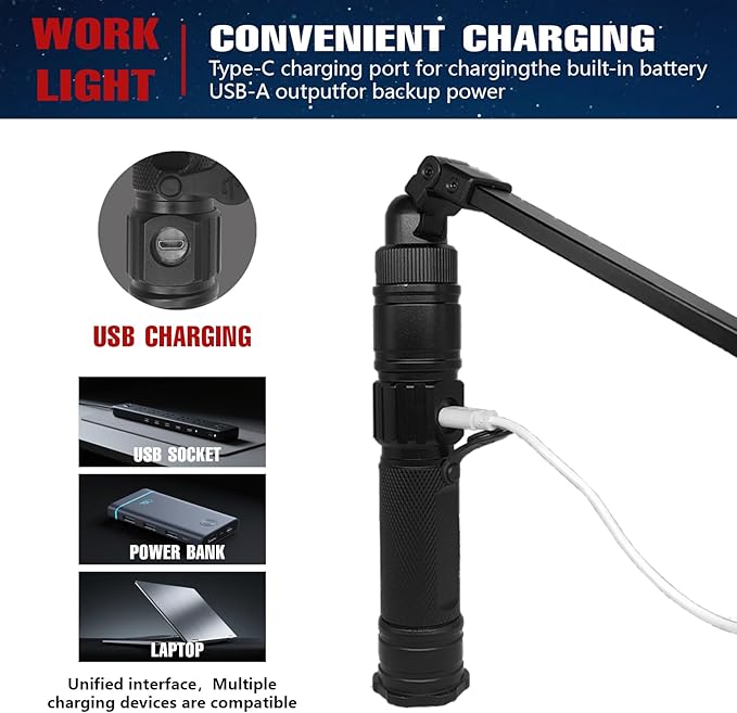 Rechargeable Work Light, 360° Rotate Design, Magnetic LED Work Light Foldable Flashlight,5 Lighting Modes ,Mechanic Light, Portable Outdoor Lamp for Car Repair,Camping, Emergency