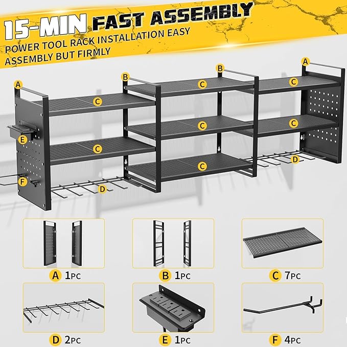 Power Tool Organizer with Charging Station Wall Mount, 3 Layer Expanded Heavy Duty Garage Organization, 48.8 Inch Length Garage Tool Storage, 4 Drill Slot, 16" Standard Hole, Black