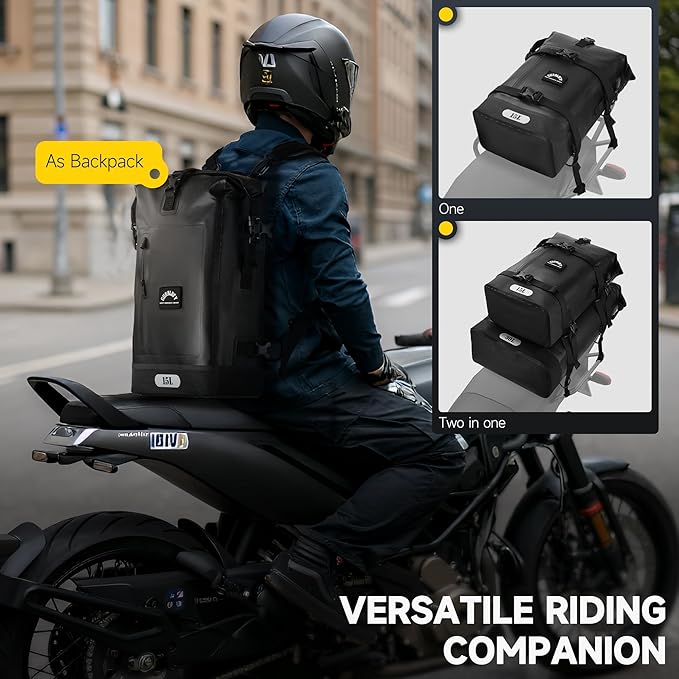 Motorcycle Tail Bag, 15L Waterproof Motorcycle Saddle Bag, 2 Size and 3 Color Options Travel Bag, PVC Luggage Bag, Rear Seat Bag, Classic Black GT-15BL