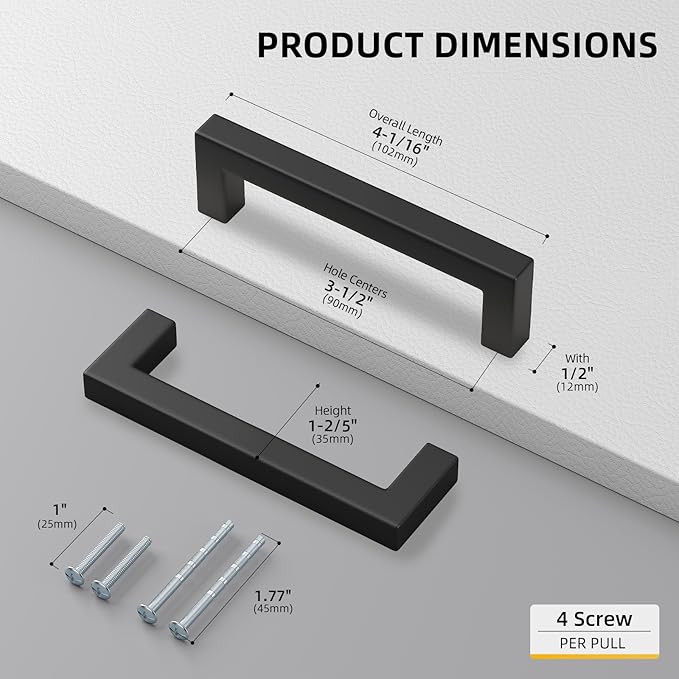 Goldenwarm 2 Pack Black Cabinet Pulls Drawer Handles Stainless Steel Modern Hardware for Kitchen and Bathroom Cabinets Cupboard,Center to Center 3-1/2in (90mm) Square Bar Cabinet Pull
