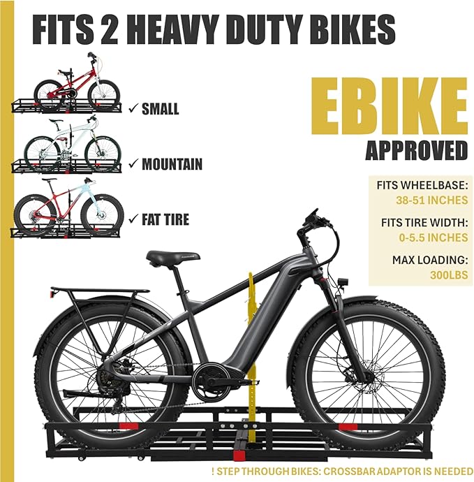Hitch-Mount Bike Rack for Ebike Heavy-Duty - Comes with Cargo Carrier Fits 2 Electric Fat-Tire Mountain Bicycles Fits 2" Receiver for Car Trailer SUV Truck RV Minivan (Gold)