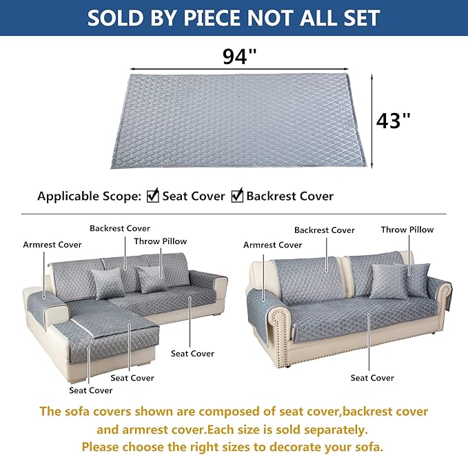 Eismodra Couch Cover,Sectional Couch Covers,Sofa Covers for 3 Cushion Couch,Anti-Slip Sofa Slipcovers for Dogs Cats Kids Loveseat Recliner L Shaped Armrest Backrest,Light Gray 43''x94''(Only 1 Piece)