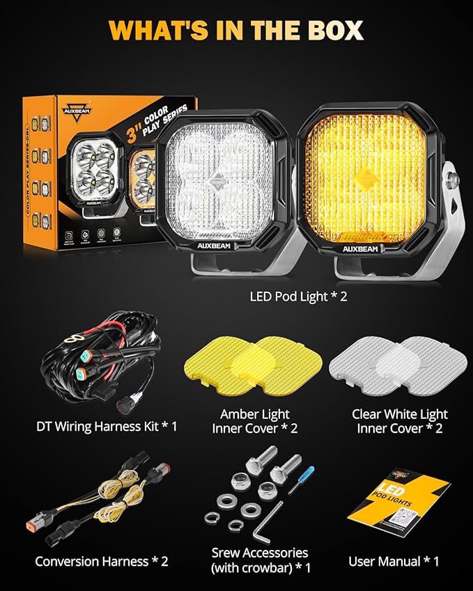 Auxbeam 3 Inch LED Pods Offroad Driving Lights with Amber White DRL & Turn Signal Fog Lights Color Play Series 11600LM 100W Flood Beam Cube Ditch Light Bar for Jeep, 2 Years Warranty