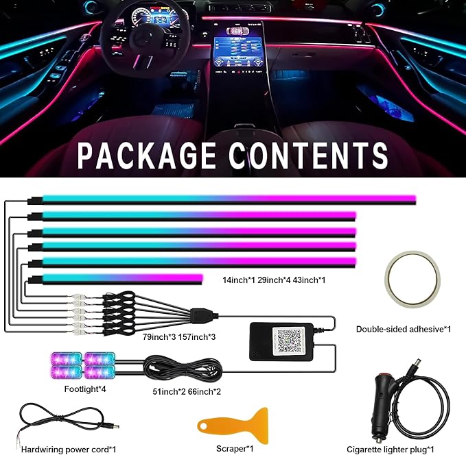 Dreamcolor Interior Car Lights, WEBUPAR Car Accessories 10 in 1 Car LED Strip Lights with APP Control and 213 Modes, 175 inches 593 LEDs Acrylic Fiber Optic Lights, RGB Neon Car Lighting