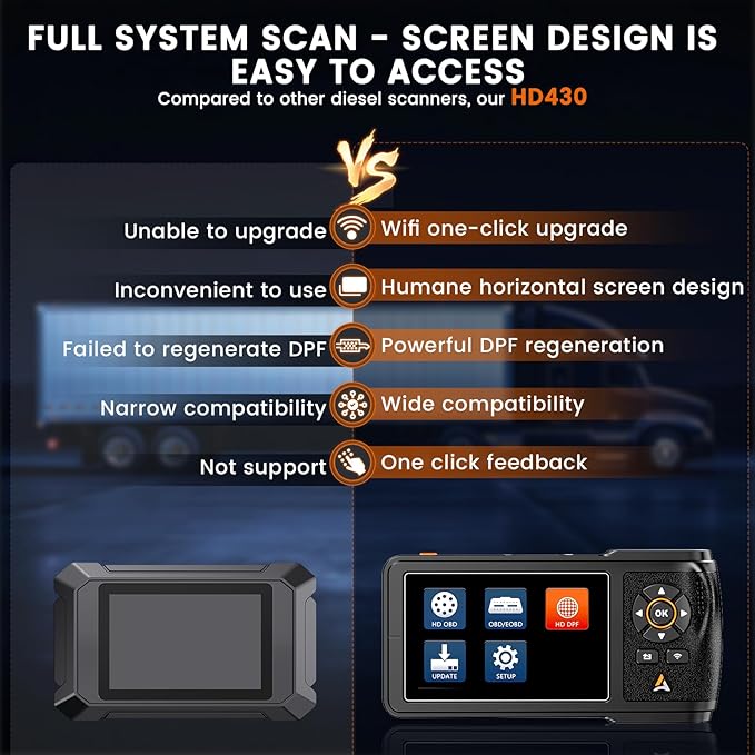 ANCEL HD430 Heavy Duty Truck Scanner, DPF Reset & Forced Regeneration for Cummins & Caterpillar Engine, Full System HDOBD Diesel Scanner OBD2 Diagnostic Scan Tool Code Reader for Diesel Trucks & Cars