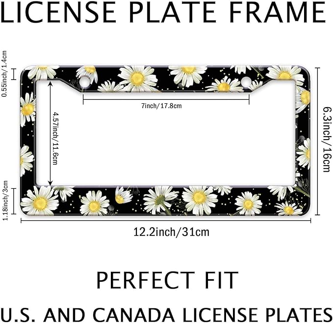 Daisy Flowers Car License Plate Frame, Flowers Print Tags Frames Holder Covers, Metal Aluminum Rustproof Car Accessories US Canada Standard with Screws for Women Men 6x12 Inch 2 Holes