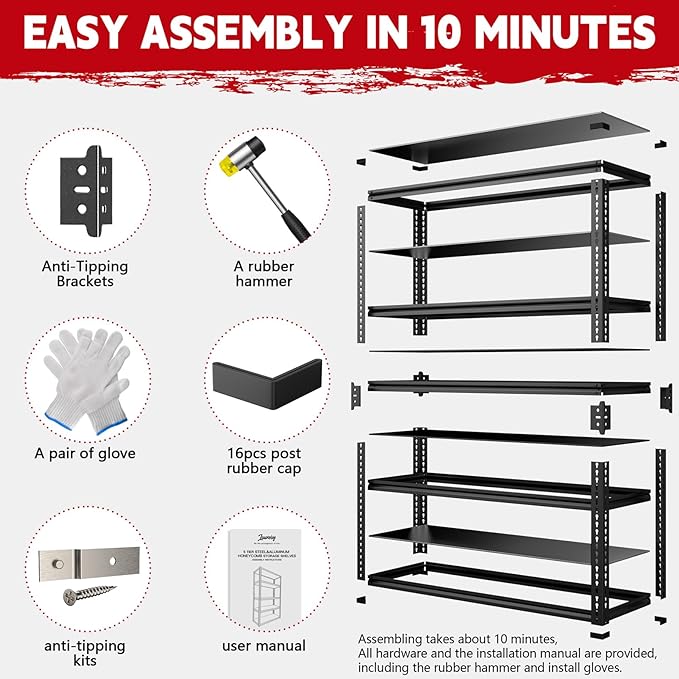 48" Wide Garage Shelving Heavy Duty 3000LBS, 5 Tier Adjustable Storage Rack, 72" H x 48" W x 24" D Boltless Shelving Unit for Garage, Warehouse, Basement, Workshop