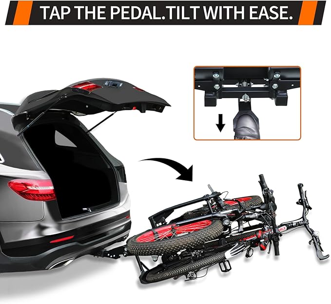 Foldable Electric Bike Rack Hitch Mount with Ramp for 2" Receiver, 2 Bike Rack for Car, Up to 4’’ Fat Tire, 136 lbs Capacity, with Locks, Tiltable, Wheels for Easy Transport