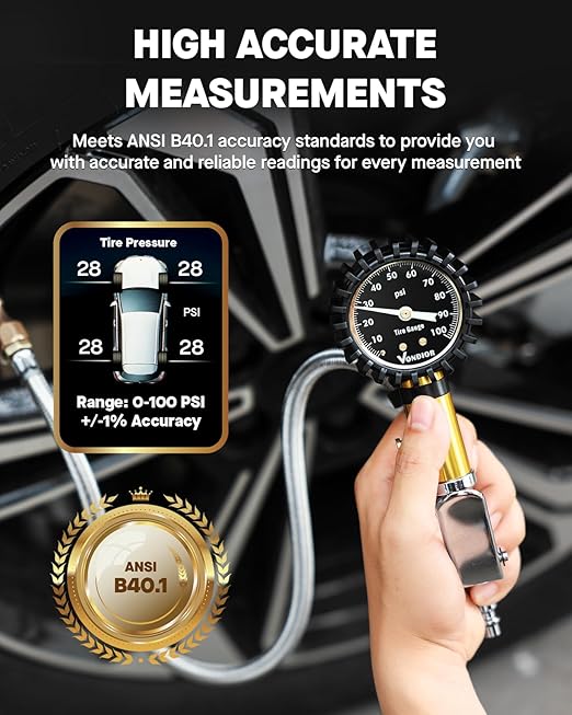 Vondior Tire Inflator with Pressure Gauge(0-100 PSI) - ANSI B40.1 Accurate, Large 2" Glow Dial, Premium Braided Hose, Durable Rubber Hose, Perfect for Any Car, Truck, Motorcycle, RV