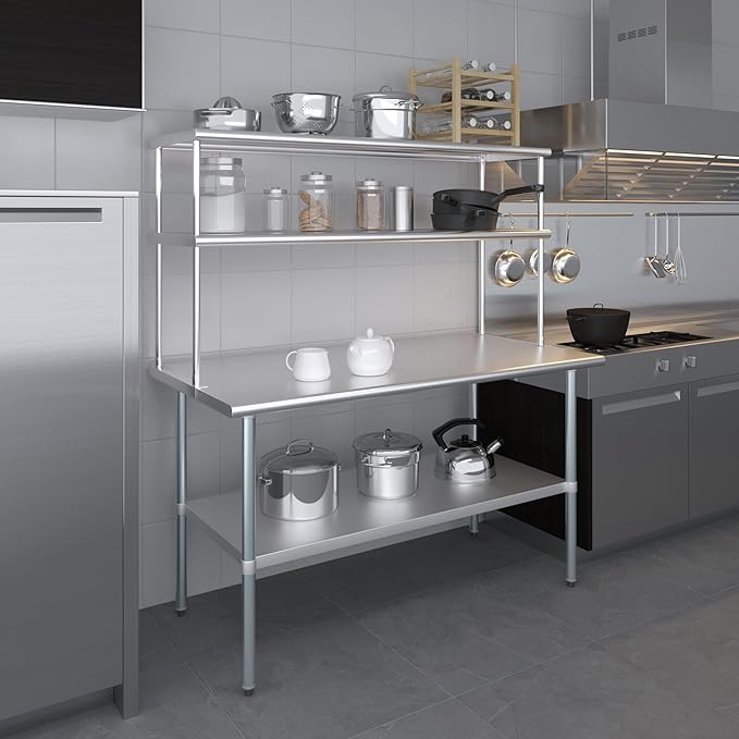 Amgood Stainless Steel Work Table Double Tier Overshelf | Metal Kitchen Prep Table & Shelving Combo (30" x 60" Work Table + 18" Overshelf)