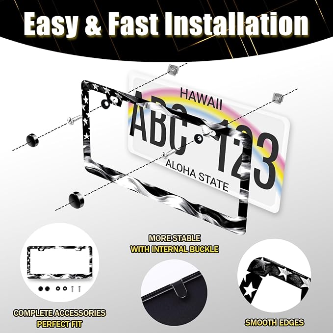 Black White American Flag License Plate Frame Patriotic USA Flag License Plate Stainless Steel Funny Black Accessories Cars Decor 12.2 X 6.2 Inch with 2 Holes and Screws Fits Standard Us Ca Vehicles